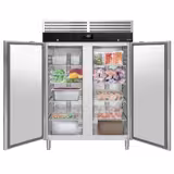 Armario congelador de acero inoxidable PREMIUM - GN 2/1 - 1200L - con 2 puertas - monobloque; puerta reversible; cerradura con llave; ventilado; desescarche automático; R290; iluminación LED; AISI 304