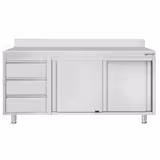 Tavolo armadiato in acciaio inox ECO - 1800x700mm - con 2 porte scorrevoli + 3 cassetti a sinistra - con alzatina