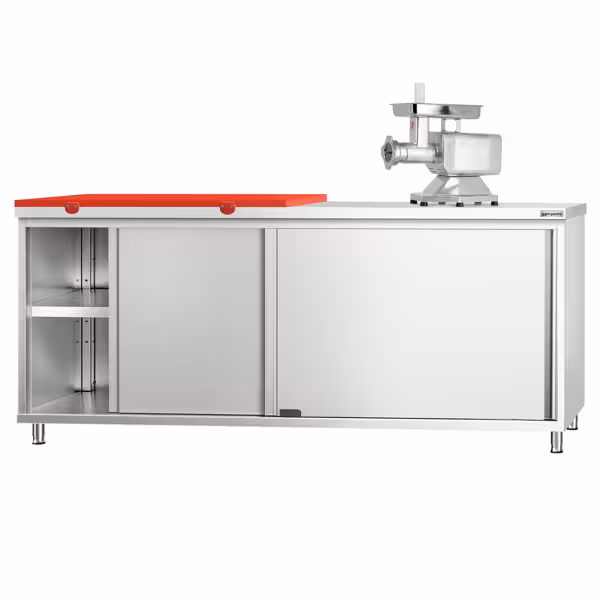 Edelstahl Arbeitsschrank PREMIUM - 2000x600mm - mit Schiebetür - inkl. 1/2 Schneideplatte Rot