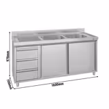 Spoelunit - 1600x700mm - met 3 laden & 2 spoelbakken rechts