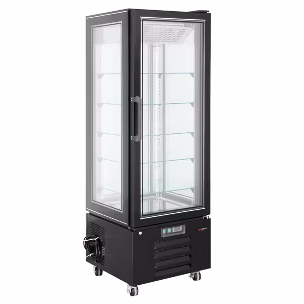 Vetrina Refrigerata Verticale 4 Lati Vetro – Panoramica Professionale - 248l - 650mm - 1 porta a battente in vetro - con 5 ripiani - LED interni; digitale; ventilato - Nero