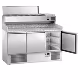 Banco pizza refrigerato ECO - 1400x700mm - con 3 porte - piano in granito - con vetrina ingredienti refrigerata superiore - 6x GN 1/4