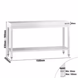 Tavolo da lavoro in acciaio inox PREMIUM - 1500x600mm - con ripiano inferiore & traversi di rinforzo