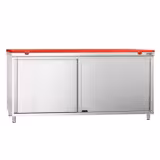 Table armoire en acier inoxydable PREMIUM - 1800x600mm - avec portes coulissantes et étagère basse - pour viande crue - incl. plateau de découpe Rouge PEHD (HACCP)