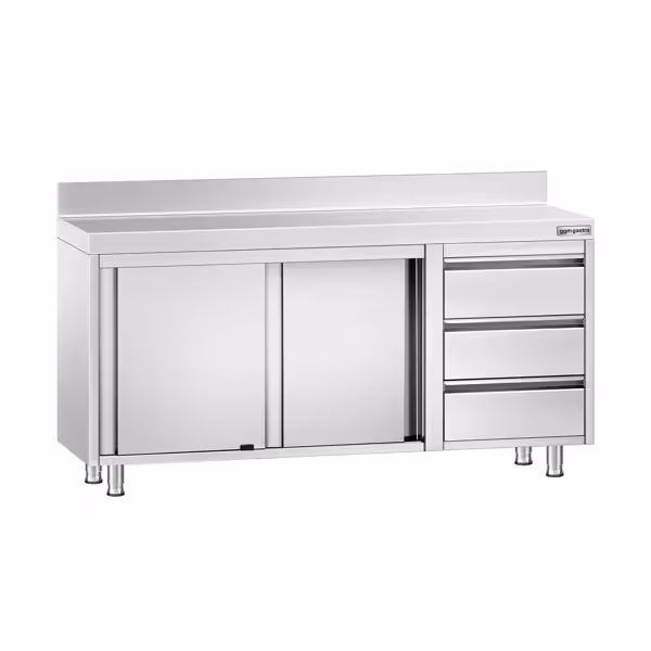 Mesa de trabalho PREMIUM - em Aço Inoxidável - 1,6 m - com 3 gavetas á direita e rebordo posterior