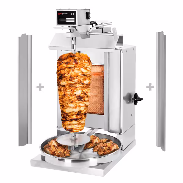 Gáz Gyros sütő - 1 égő - 3,25 kW - max. 5 kg - Asztali kivitel - tartozékokkal: Dönernyárs 1 égős dönergrillhez, összecsukható ajtók (balról-jobbról), zsírfogó tálca