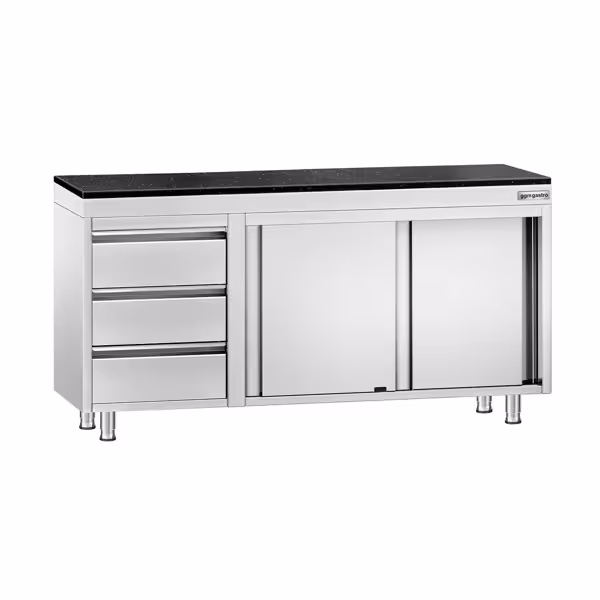 Mobile da lavoro in acciaio inossidabile PREMIUM - 1600 x 700 mm - con 3 cassetti a sinistra - con piano di lavoro in granito incluso