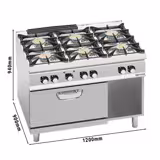 Cucina a gas professionale - PAOLO 900 - 1200x900x940mm - 64,68 kW - 6 fuochi - forno elettrico ventilato (GN 1/1) - 4,68 kW - alta potenza