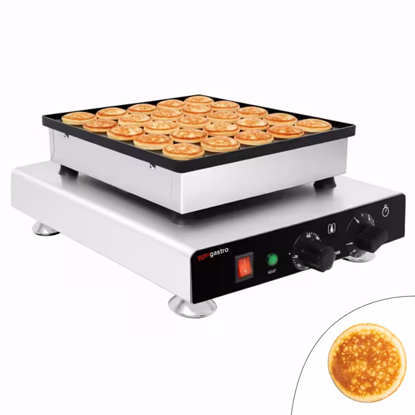 Gofrisütő - Egyes - Mechanikus termosztátos - 850 W - Forma: mini palacsinta (poffertjes) - Ø 42 mm - adagonként 25 db - Teflonbevonatú sütőlapok