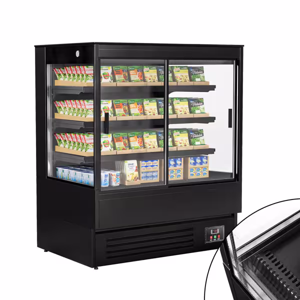 Vitrina mural refrigerada - 1200x800x1395mm - 390L - con 2 puertas correderas de doble acristalamiento y 3 estantes - Negro