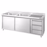 Szafka zlewozmywakowa PREMIUM – 2000 x 600 mm – z 3 szufladami i 2 zlewami po lewej stronie