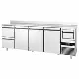 Arrière-bar réfrigéré professionnel PREMIUM - 2690 x 600 mm - avec 3 portes et 2 tiroirs - avec dosseret - avec tiroir à marc de café