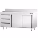 Tavolo armadiato in acciaio inox PREMIUM - 1600x600mm - con 2 porte scorrevoli + 3 cassetti a sinistra - con alzatina