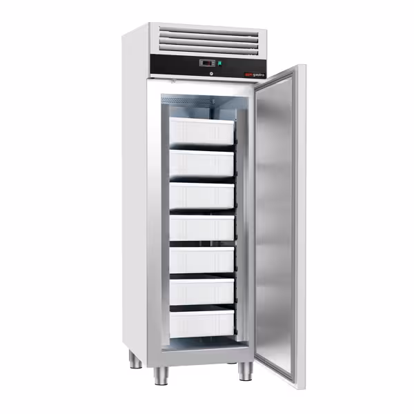 ثلاجة أسماك ستانلس ستيل ECO - EN 600x400 - 680 mm - 600 L - حتى -2…+8 °C - مع باب واحد - محرك علوي، شاشة عرض رقمية Dixell، تبريد ثابت، إذابة جليد أوتوماتيكية، غاز تبريد R290، 60 mm عزل - أسود
