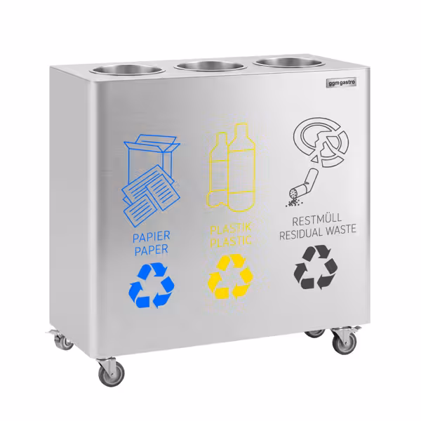 Waste sorting system – 3 bins, 30 litres each – stainless steel – with 4 castors