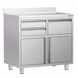 Commercial Coffee Station Cabinet - 1000x600mm - with 2 Drawers, 1 Door, 1 Tilting Knockout Drawer - with Rear Upstand