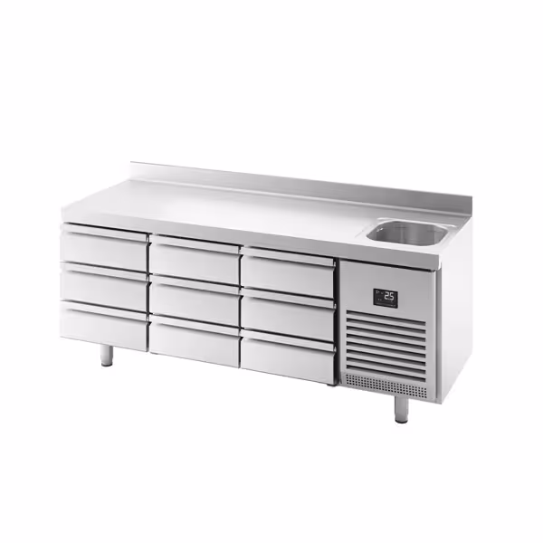 Commercial Counter Fridge PREMIUM PLUS - 1960x700mm - with sink - with 9 drawers [1/3] - with upstand - capacity 465 litres