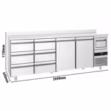 Barový chladicí stůl PREMIUM - 2690x600 mm - 775 l - se 2 dveřmi, 6 zásuvkami, zadním lemem & vyklepávačem na kávu - černý