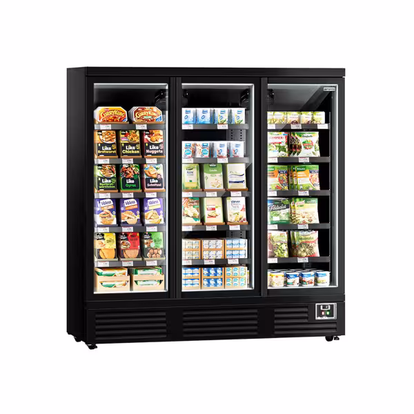 Commercial multideck display fridge - 1890mm - 1539L - with 3 double‑glazed hinged glass doors & 5 shelves - Black