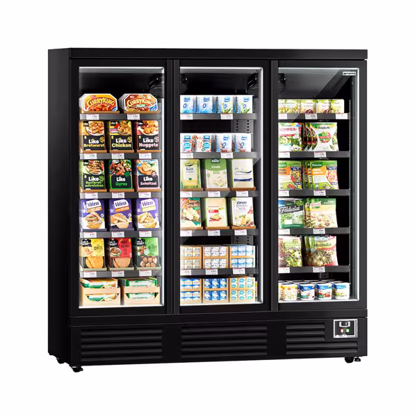 Murale Refrigerato Professionale - 1890mm - 1539l - +2°/+8°C - con 3 porte a battente in vetrocamera & 5 ripiani - Nero opaco