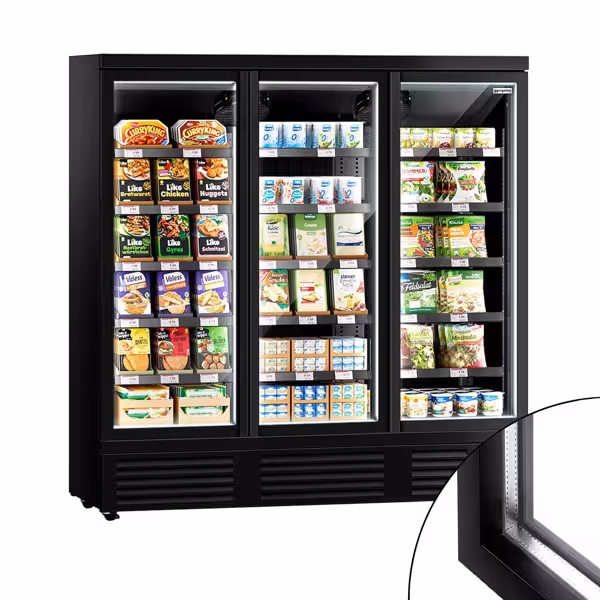 Commercial multideck display fridge - 1890mm - 1539L - with 3 double‑glazed hinged glass doors & 5 shelves - Black