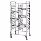 Stainless Steel Double Gastronorm Racking Trolley - 16-Level - for 16 x GN 1/1 Trays - with low-noise braked castors