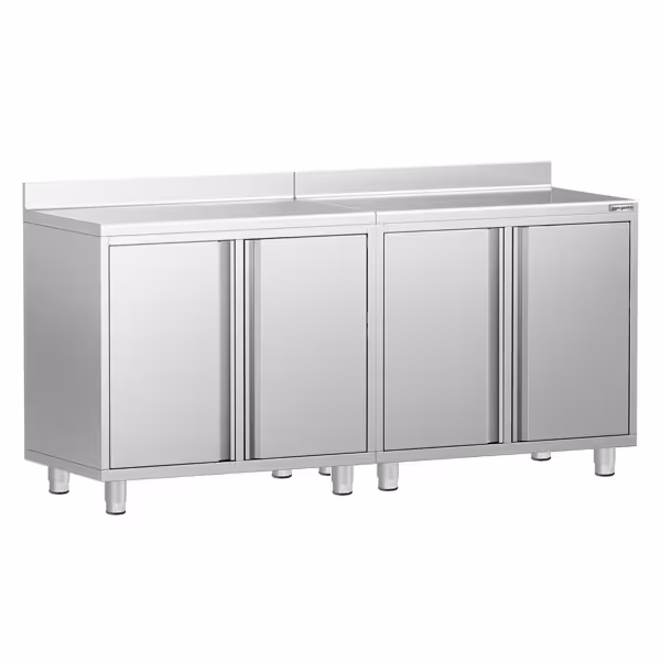 Paslanmaz Çelik Dolaplı Çalışma Tezgahı - Sırtlı - Filtre Kahve Makinesi için - 2000x600mm - 4 Kapılı (Menteşeli Kapı)