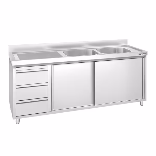 Commercial Sink Cabinet PREMIUM - 2000x600mm - 2 bowls right-hand - 3 drawers