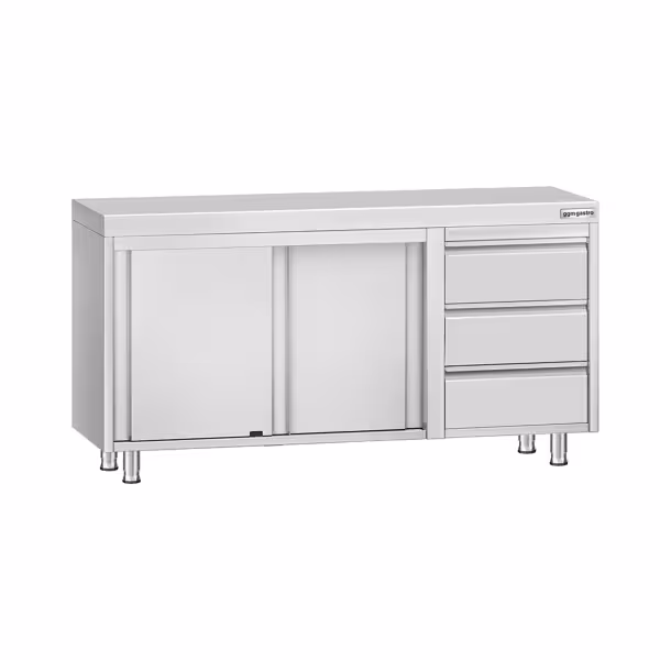 Gesloten RVS werktafel KOPENHAGEN ECO - 1400x700mm - met schuifdeuren, 3 laden rechts