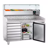 Table réfrigérée à pizza ECO - 1500 x 800 mm - avec 1 porte et 7 tiroirs - incl. vitrine réfrigérée - 6 x GN 1/3