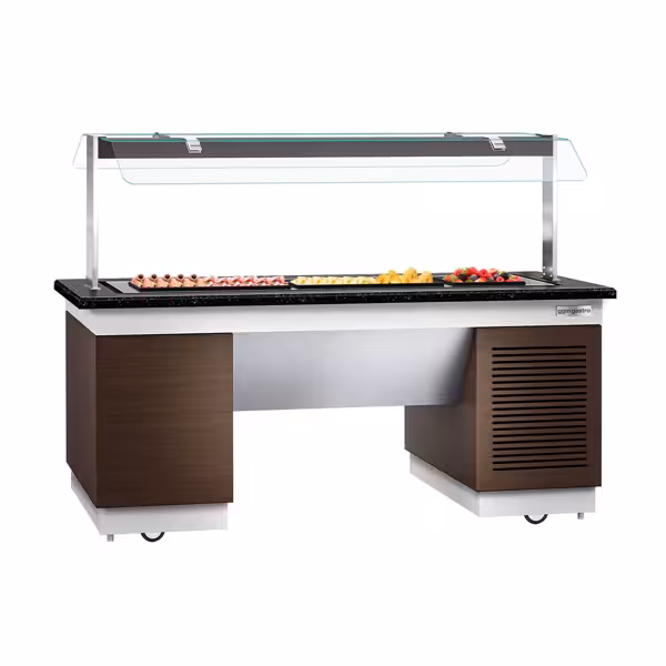 Banco buffet professionale refrigerato DUBLINO - 2000mm - con piano refrigerato - su ruote - Nero | Acciaio inox - Self Service
