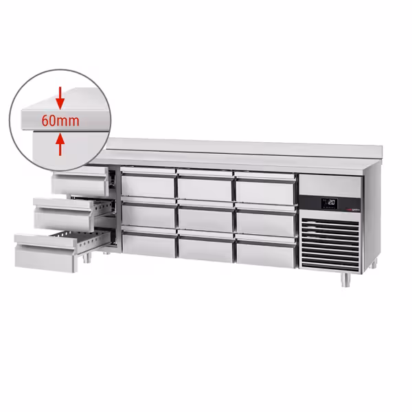 Commercial Refrigerated Worktable PREMIUM - 2330x700 -  12 Drawers - Upstand