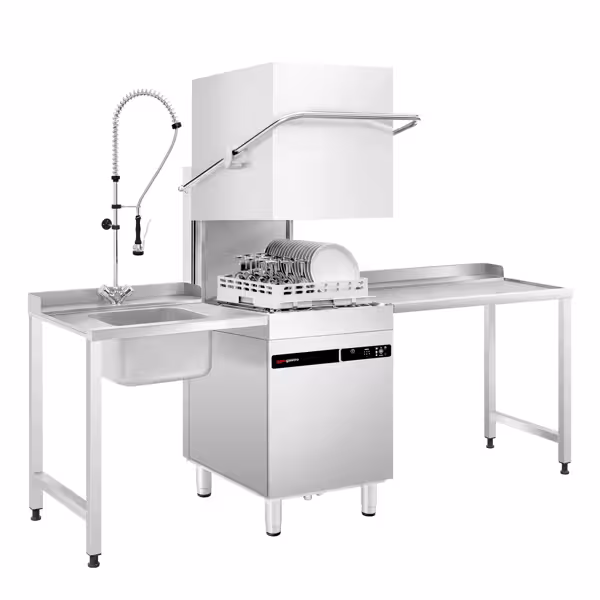 Commercial Pass Through Dishwasher - Touchscreen Controls - 9.66kW - incl. Inlet Table left, Outlet Table right - with Detergent & Rinse Aid Dosing Pumps, Drain Pump
