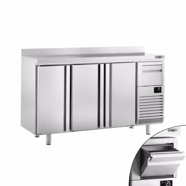 Table réfrigérée de bar & à boissons PREMIUM PLUS – 1960 x 600 mm – avec 3 portes, dosseret & tiroir à marc de café