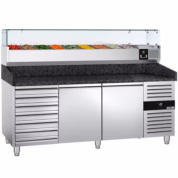 Commercial Pizza Prep Counter - Granite Top PREMIUM - 2025x800mm - with 2 doors & 7 drawers - incl. refrigerated topping unit with glass sneeze guard - 9x GN 1/3