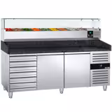 Masă frigorifică pentru preparare pizza PREMIUM - cu blat din granit - 2025x800 mm - cu 2 uși & 7 sertare pentru paline 60x40 cm - cu vitrină de ingrediente - 9x GN 1/3