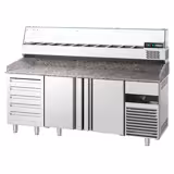 Commercial Pizza Prep Counter - Granite Top PREMIUM - 2100x800mm - with 2 doors & 5 drawers - incl. refrigerated topping unit with glass sneeze guard - 10x GN 1/3