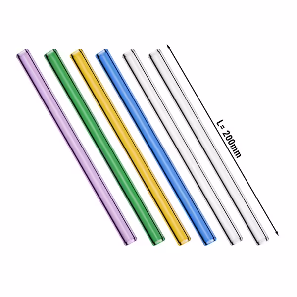 (6 stuks) Glazen rietjes - 200mm - ø 8mm - mixkleur - incl. 1 nylon reinigingsborstel (rager)