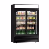 Commercial Upright Glass Door Display Fridge - 1295mm - 880 Litres - with 2 sliding glass doors - LED lighting - digital controller with temperature display - Black - UK Plug - Temperature range 2 to 8 °C