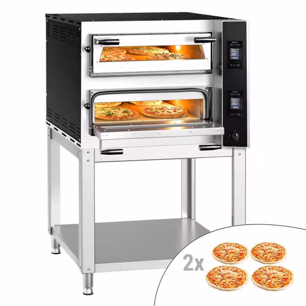 Forno elettrico per pizza - 990x920mm - 4+4 pizze Ø35cm - 400°C - Digitale - incl. Sottotelaio/Supporto