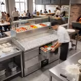 Commercial Pizza Prep Counter - Granite Top PREMIUM - 1400x700mm - with 0 doors & 6 dough drawers 1/2 - incl. refrigerated topping unit with glass sneeze guard LED - 6x GN 1/4