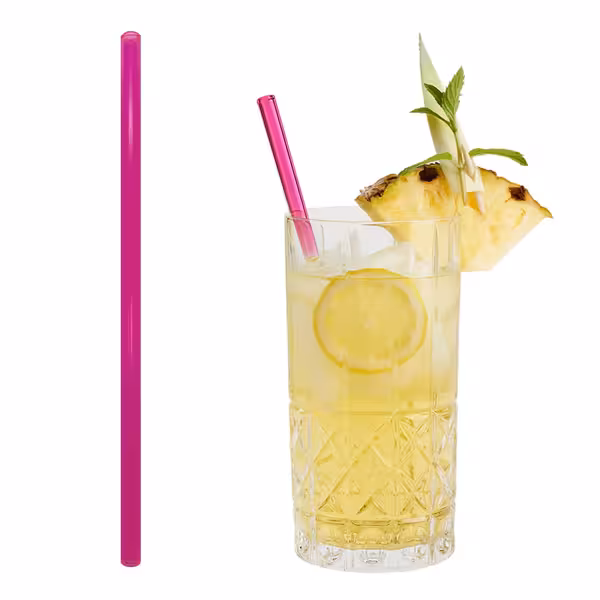 (50 pcs) Glass Drinking Straws - 230mm - ø 8mm - straight - Neon Pink - incl. 1 Nylon cleaning brush