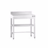 Mesa de trabajo de acero inox.  PREMIUM - 0,6 m - con zócalo, estante intermedio y travesaños bajos
