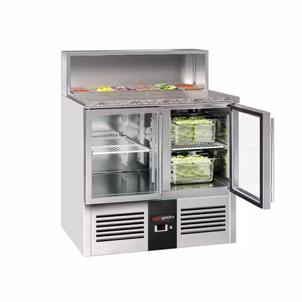 Pult za pripremu salate PREMIUM - 903 mm - 2 staklena vrata - s ugradnim ležištem za 5x GN 1/6 i poklopac od nehrđajućeg čelika