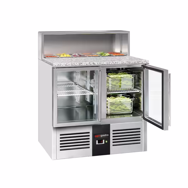Saladette PREMIUM - 903mm - 2 glazen deuren - met RVS deksel voor 5x GN 1/6 - granieten werkblad