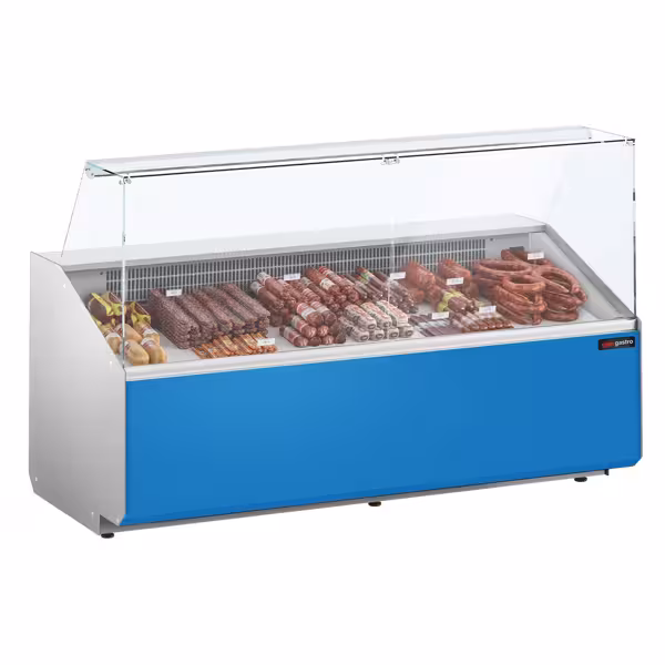 Banco gastronomia professionale ALMA - 2506x979mm - Statica - 512 L - Vetro dritto - Colore Dunkelgrau - Pannello frontale Hellblau