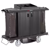 Commercial Housekeeping Trolley - with lockable doors - 2 laundry bags, 1 top shelf with compartments, 1 bottom shelf - Polypropylene (PP) frame - Black