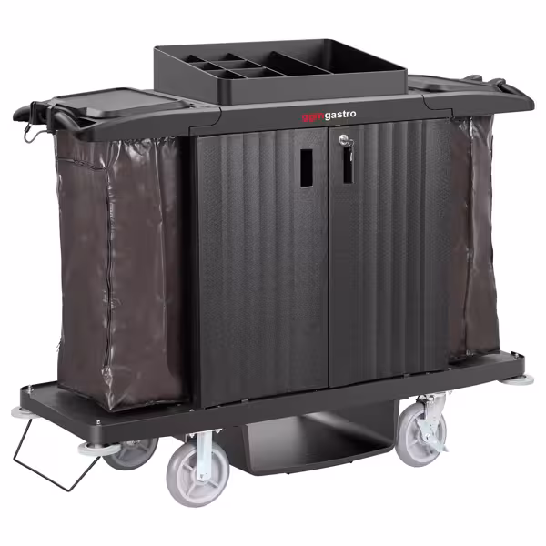 Carro de limpieza - con puertas - 2 bolsas de lavandería, 1 bandeja superior compartimentada, 3 estantes inferiores - marco de polipropileno - Negro