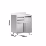 Tavolo armadiato in acciaio inox - 800x600mm - con 2 porte a battente + 2 cassetti - con alzatina