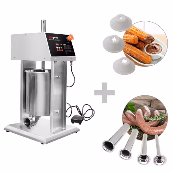 Elektrikli sosis doldurucu ve churro makinesi - 10 litre - 90 watt - paslanmaz çelik - 4 sosis doldurucu ve 3 churro aparatı dahil